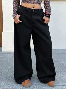 Dazy Plus 大码做旧水洗阔腿长款牛仔裤 - 黑色 - 查看 2