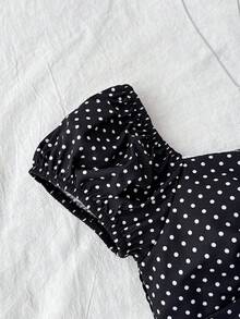 SHEIN 少女波点印花修身休闲舒适短袖衬衫，夏季 - 黑與白 - 查看 4