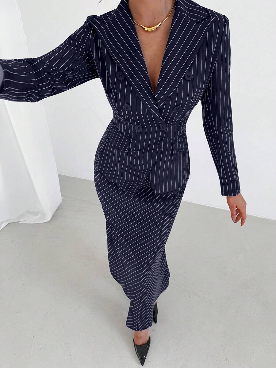Firerie Women's Elegant Minimalist Fashion Commuter Urban Chic Double-Breasted Lapel Waist Cinched Navy Blue Striped Blazer And Low-Waist Fish Tail Navy Blue Striped Skirt 2 Pieces Suit - Navy Blue - View 1