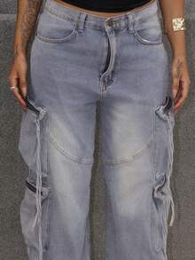 破洞工装牛仔裤，带多个拉链口袋，Y2K 风格阔腿抽绳细节，街头时尚秋冬 - 卡其色 - 查看 3