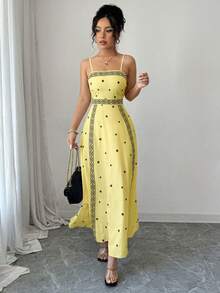 Elenzga Vestido de tirantes finos con cintura ceñida y estampado, para primavera/verano - Multicolor - Ver 3
