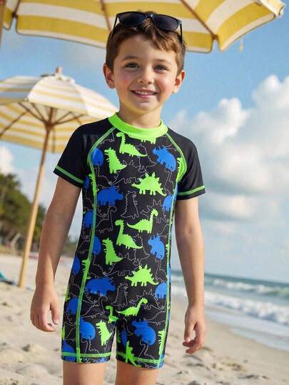 SHEIN Toddler/Infant/Baby Dinosaur Striped Cover Up, Comfortable & Cute Swimsuit For Boys/Girls, Suitable For Outdoor, Swimming, Beach, Vacation In Spring/Summer