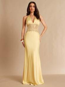 Silquee 优雅V领蕾丝拼接露背连衣裙，性感迷人，适合约会、外出、夜店、派对、鸡尾酒会、情人节、夜间聚会以及与朋友聚会等场合，春夏款。 - 黃色 - 查看 4