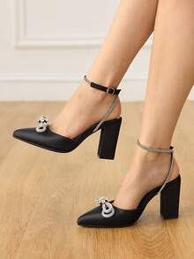 CUCCOO HITCHD Women's Rhinestone Bow Decor Pointed Toe Buckle Design Everyday Versatile Fashion High Heels Valentine's Day Elegant Shoes - Black - View 4