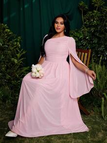 Roveilla Plus Size Women's Elegant Princess Palace Style Dress With Ruffle Sleeves, A-Line, Suitable For Vacation, Wedding, Bridesmaid, Party, Solid Light Pink Color - Pink - View 7