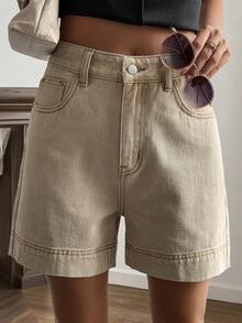 Livesso 高腰休闲纯色女式牛仔短裤 - 卡其色 - 查看 8