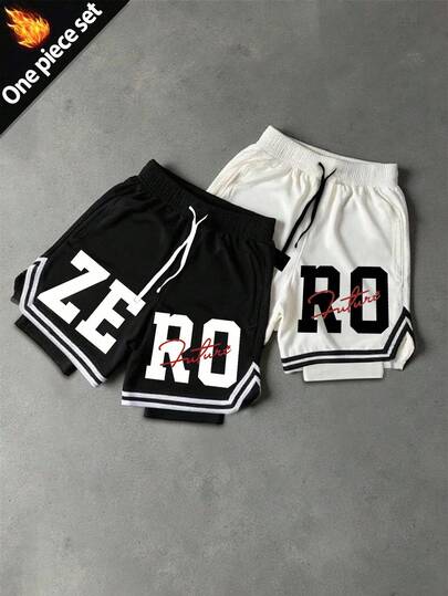 Sport MetroGents 1件装男士休闲时尚街头字母印花撞色条纹抽绳腰带二合一运动短裤，夏季