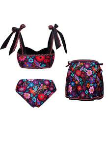 Swim Oasis Women's Summer Vacation Multicolor Floral Print Tied Crop Top, Bikini Shorts 3-Piece Swimwear Set, Beach Outfit - Multicolor - View 2