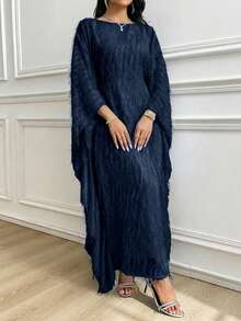 Al Najma 女士纯色船领蝙蝠袖优雅阿拉伯传统长裙 - 藏蓝色 - 查看 5