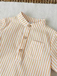 SHEIN 2pcs Baby Boy Cute Casual Striped Polo Collar Shirt And Elastic Waist Striped Casual Pants Set, Suitable For Spring And Summer Wear, Home, Outing And Vacation - Yellow - View 5