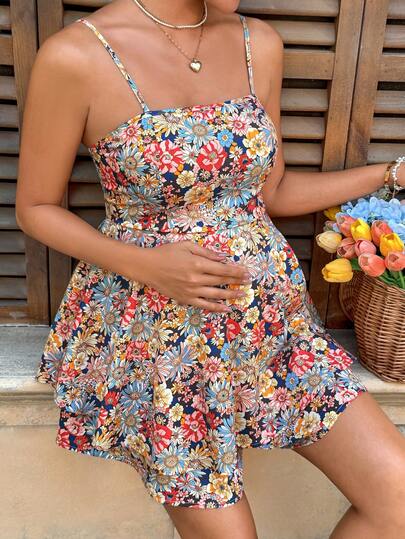 SHEIN Maternity Floral Print Layered Ruffle Hem Jumpsuit Romper For Vacation