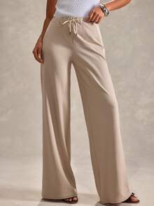 EURMUSE Women Solid Color Embroidery Detailed Wide Leg Sweatpants - Beige - View 6