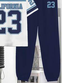 Tween Boy Navy Blue Y2K Streetwear Summer School Back-To-School Retro Colorblock Number 23 Print Round Neck Short Sleeve T-Shirt And Pants Set - White - View 5