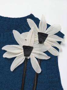 Franclia Nuovo set da 2 pezzi autunno/inverno, maglia smanicata con collo a giro e motivo floreale 3D abbinata a gonna midi a-line in maglia, stile versatile e ampio - Blu - Visualizzare 7