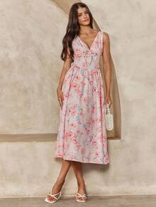 Enchnt Spring/Summer Romantic Women's Pink Floral Print V-Neck Sleeveless Princess Long Dress,Sweet&Elegant For Vacation&Date&Holiday&Going Out,Spring Outfit Women - Pink - View 6