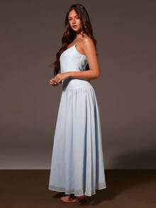 Athîral 女士纯色褶皱优雅连衣裙 - 藍色 - 查看 5