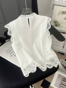 Franclia 女士优雅法式蕾丝拼接立领无袖刺绣休闲百搭衬衫，春夏款 - 白色 - 查看 2