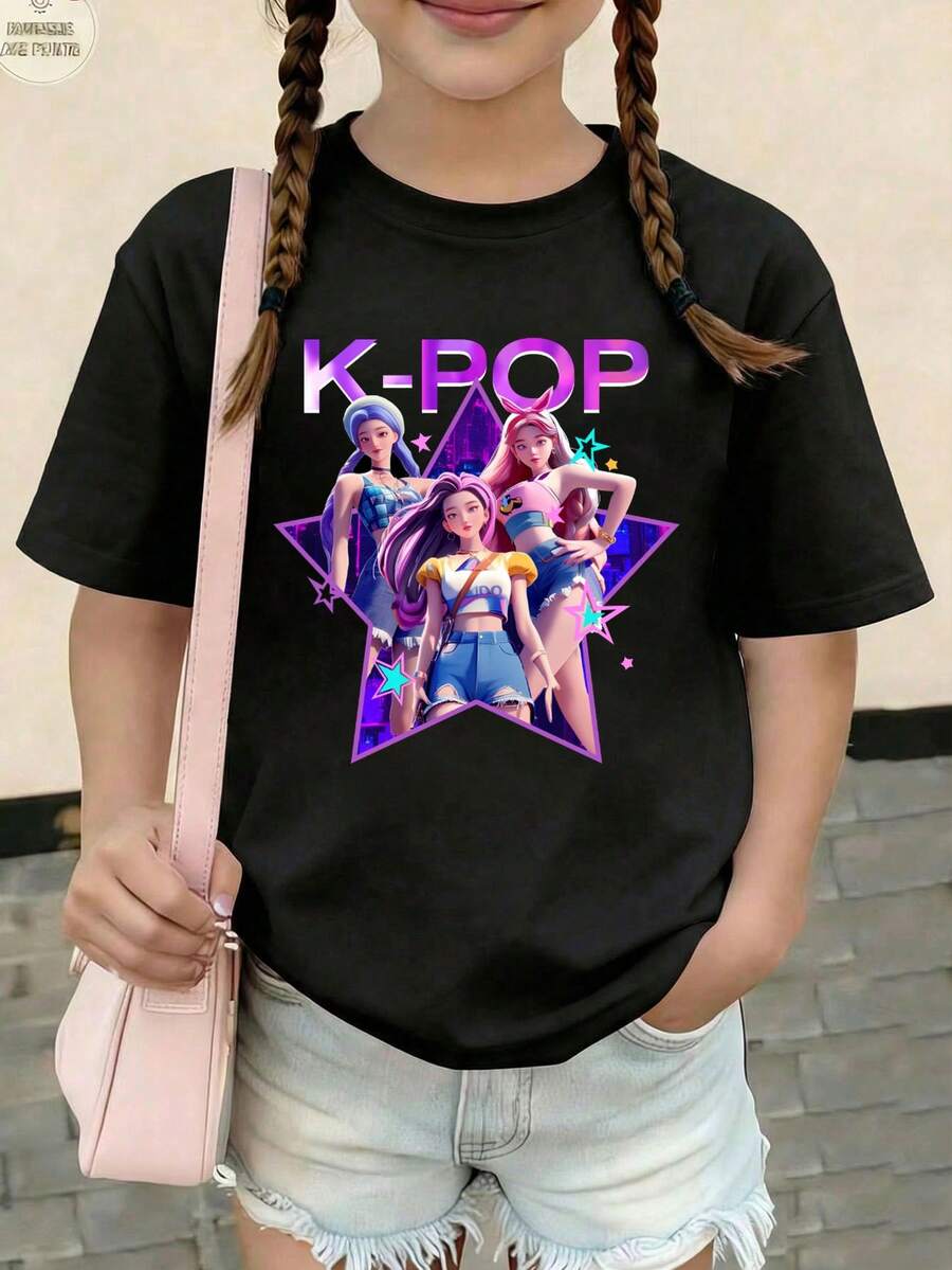 Maglietta casual versatile a maniche corte con stampa grafica K-Pop per ragazze pre-adolescenti - Bianco - Visualizzare 1