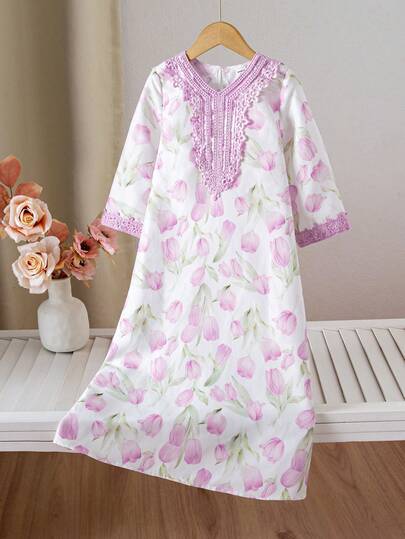 SHEIN 少女紫色郁金香印花长袖连衣裙，优雅大方，适合春季、秋季、夏季和斋月穿着。