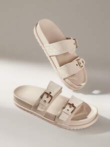 Solecia Women's Buckle Design Casual Fashionable Flat Sandals - White - View 6