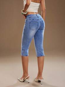 TRNVIE 女士休闲水洗低腰牛仔七分裤 - 藍色 - 查看 2