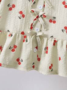女童樱桃印花衬衫，饰有蝴蝶结细节和泡泡袖，女童上衣） - 杏色 - 查看 8