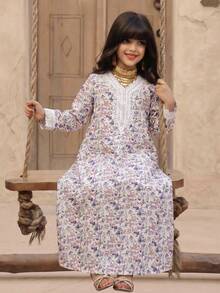 SHEIN Tween Girl Loose Elegant V-Neck 3/4 Sleeve Ditsy Floral Gold Trim Dress Tween Girl - Pink - View 6