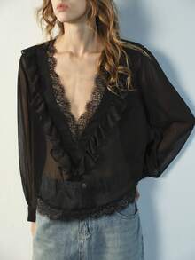 Maija Black Ruffle V-Neck Long Sleeve Women's Top, Elegant Urban Romantic For Valentine's Day - Black - View 1