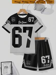 青少年男童休闲舒适简约圆领短袖T恤短裤套装，经典酷炫俚语#67，经典时尚运动元素图案印花，六七码 - 彩色 - 查看 2