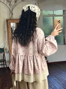 FRIFUL 女士休闲度假风碎花镂空领灯笼袖荷叶边上衣，春秋季 - 卡其色 - 查看 6