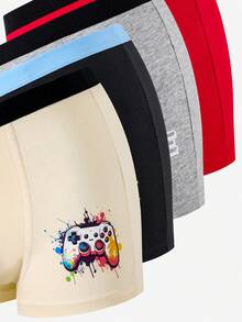 5 piezas/paquete Calzoncillos tipo bóxer de algodón con estampado de mando de videojuegos para niños, ropa interior cómoda - Multicolor - Ver 5