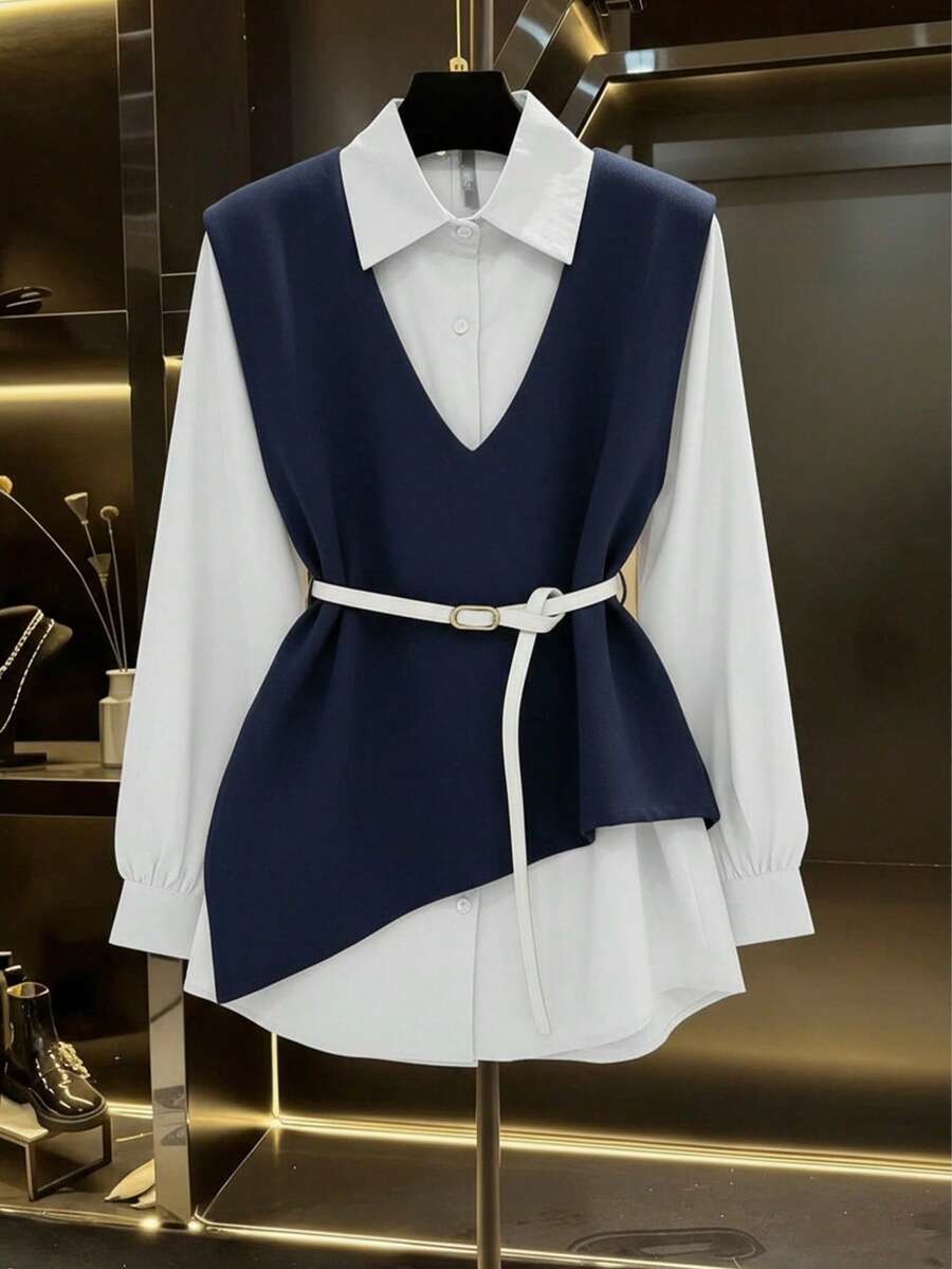 Franclia 2025秋季新品上市：女士二合一夹克衬衫套装，采用巧妙的不对称剪裁、精致的纽扣装饰和可调节腰带，流畅的线条勾勒出纤细的身形，适合办公室通勤、休闲周末和日常外出等各种场合。 - 藏蓝色 - 查看 1