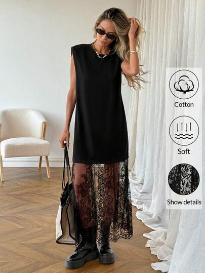 Easowa Women's Casual Solid Color Lace Patchwork Sleeveless Long Dress, Suitable For Daily Wear, Commuting, Fashion Spring To Summer  From Spring To Summer  Summer Dress Summer Dresses For Women Summer Outfits Summer Outfits For Women Spring Dress Women Spring Break Outfits Vacation Outfits Women Vacation Outfits For Women Summer Vacation Outfits Casual Dresses For Women Casual Long Dresses Casual Women Outfits Casual Dress For Women Going Out Dress Going Out Dresses For Women Summer Dress Black