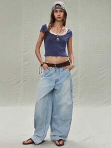 SoleilVie 女士撞色蕾丝圆领短袖短款T恤 - 藍色 - 查看 5