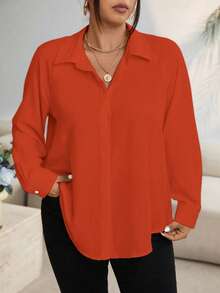 EMERY ROSE 大码女式纯色休闲百搭长袖衬衫，适合日常穿着 - 亮橙色 - 查看 1