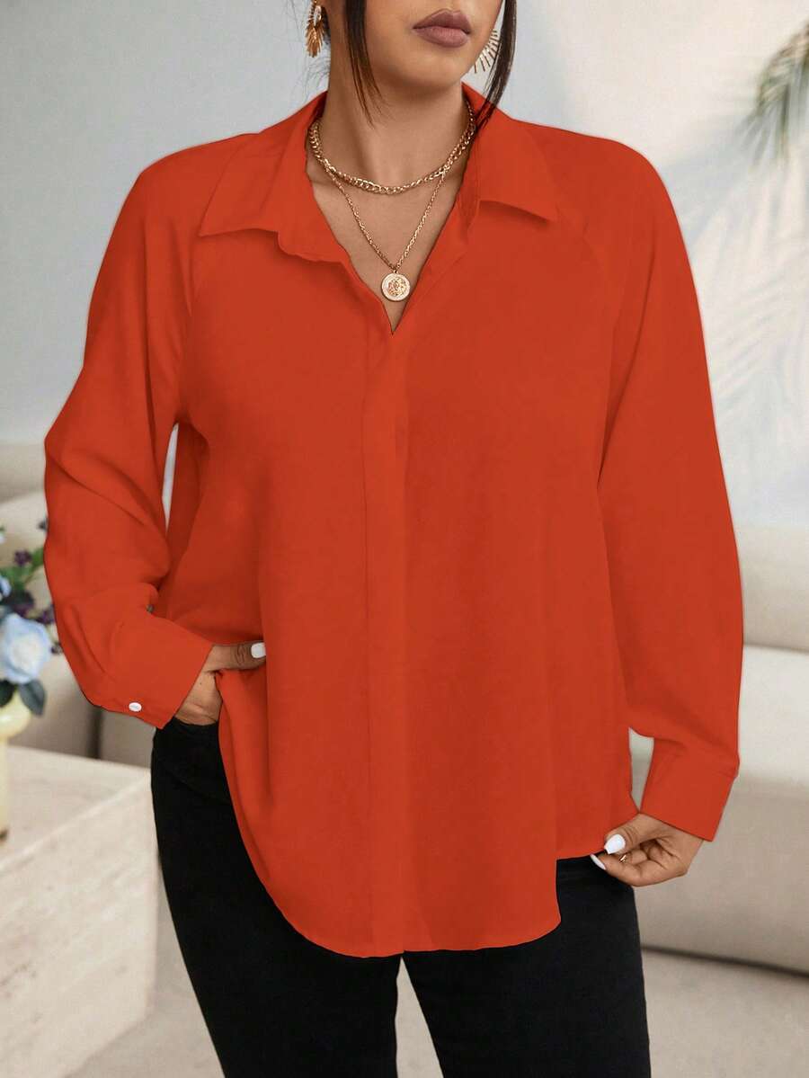 EMERY ROSE 大码女式纯色休闲百搭长袖衬衫，适合日常穿着 - 亮橙色 - 查看 1