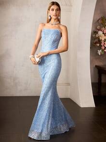 MOTF Soiréza Áo ống thêu sequin dành cho nữ và chân váy đuôi cá, thích hợp cho các dịp xuân/hè. - Màu xanh lam - Xem 5
