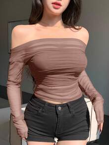 DAZY Blusa transparente de malla elástica de un solo hombro para mujer, primavera/verano - Marrón Chocolate - Ver 8