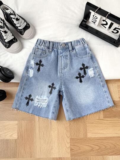 SHEIN Young BoyCross Pattern Distressed Loose Denim Shorts