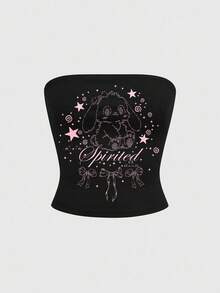 ROMWE Kawaii Cute Rabbit Emoticon Bow Tie Black Sleeveless Cotton Crop Top For Women - Black - View 2