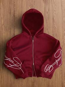 TOKVUE 男士创意文字图案刺绣金属拉链套头连帽衫，深酒红色拉链连帽衫，圣诞节礼物，长袖上衣 - 酒紅色 - 查看 1