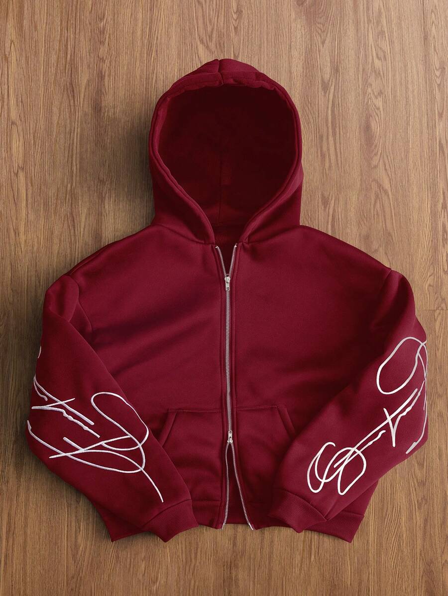TOKVUE 男士创意文字图案刺绣金属拉链套头连帽衫，深酒红色拉链连帽衫，圣诞节礼物，长袖上衣 - 酒紅色 - 查看 1