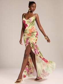 SHEIN BAE Women's Yellow Tropical Floral Draped Neck Backless Tie Dress, Floral Dress, Vacation Dress, Spring/Summer Resort Wear Hawaii Dress Luau Dress Tropical Dresses Vacation Garden Party Formal Dress Dinner Dresses For Vacation Floral Formal Dress Birthday Dress Sexy Summer - Yellow - View 1
