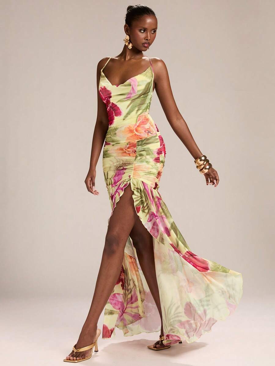 SHEIN BAE Women's Yellow Tropical Floral Draped Neck Backless Tie Dress, Floral Dress, Vacation Dress, Spring/Summer Resort Wear Hawaii Dress Luau Dress Tropical Dresses Vacation Garden Party Formal Dress Dinner Dresses For Vacation Floral Formal Dress Birthday Dress Sexy Summer - Yellow - View 1