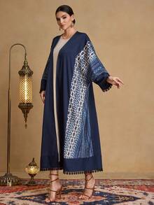 Al Najma Women's Navy Blue Vintage Floral Contrast Lace Trim Long Cardigan Abaya - Multicolor - View 5