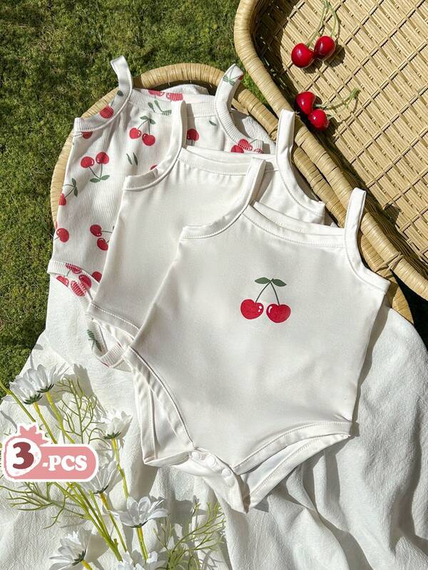 Vintaside Kids Set de 3 piezas de mono estampado de cerezas casual y lindo, adecuado para primavera, verano, otoño, uso en casa, al aire diario