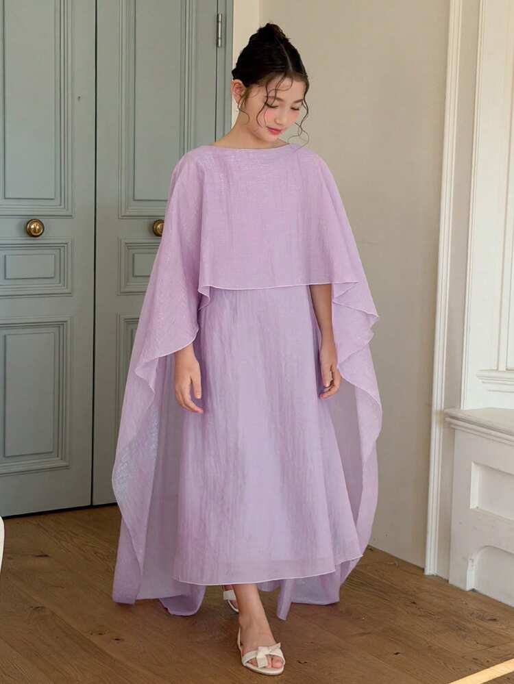 Tween Girl Solid Color Round Neck Ruffle Hem Elegant Dress