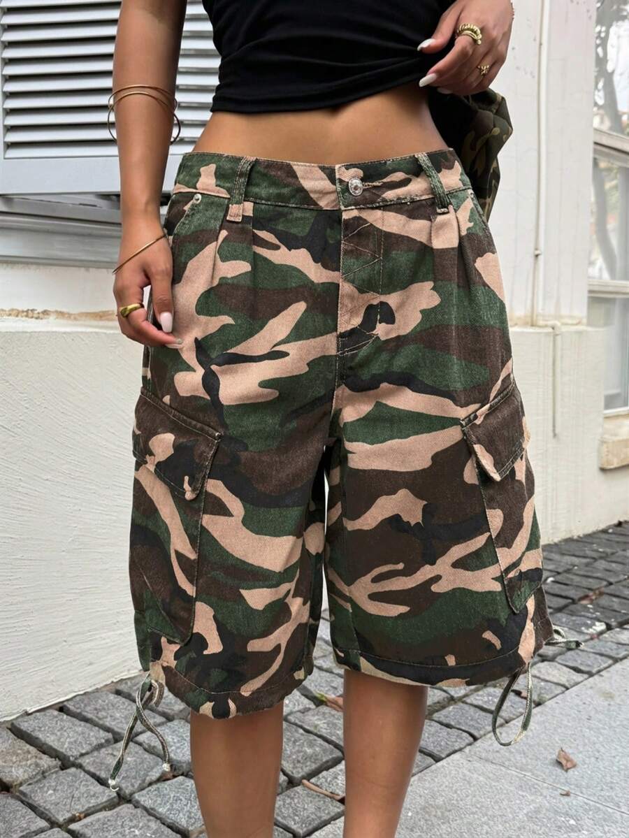 SHEIN ICON 女士工装口袋迷彩宽松休闲牛仔短裤 - 彩色 - 查看 1