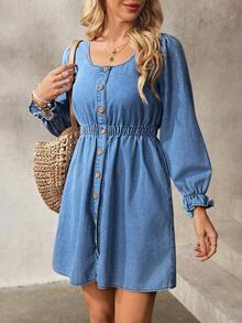 EMERY ROSE Women's Round Neck Single-Breasted Waist Cinched Casual Denim Dress, Suitable For Dates And Outings - Blue - View 1