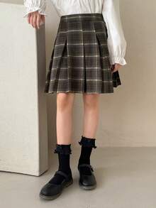 DAZY 少女格子印花百褶休闲百搭迷你裙 - 棕色 - 查看 5